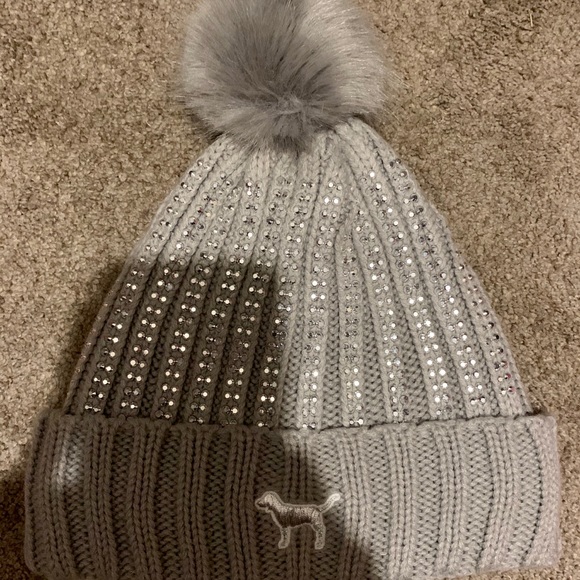 VS PINK Grey Bling Sherpa Beanie/Hat - Picture 3 of 5